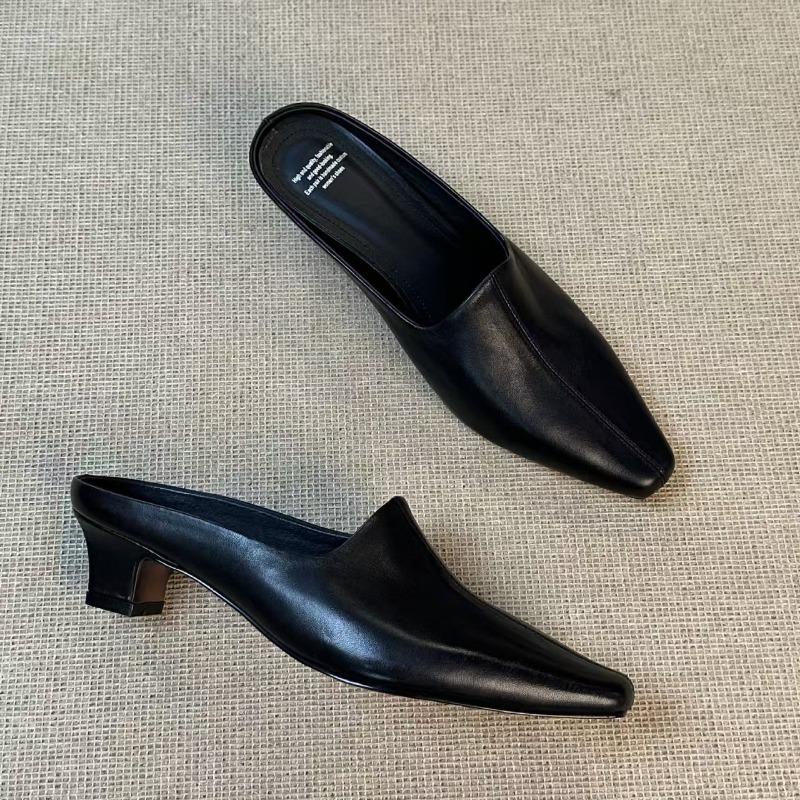 Quadratische Kopf Dicke Ferse Tasche Kopf Halbe Hausschuhe Weiblich Pendler Faul Ein Pedal Mode Coole Hausschuhe Weiches Leder Einzelne Schuhe