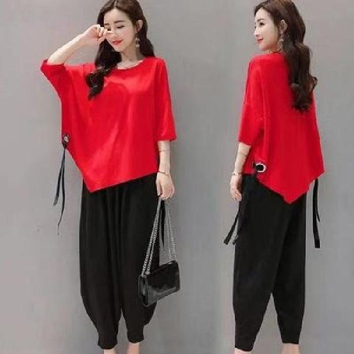 Women's Summer Design Elegant Loose Set Irregular Top + Carrot Pants Two Piece Set