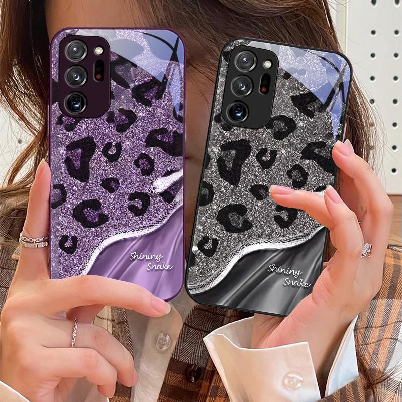 Etui na telefon z hartowanego szkła Wzór Pantera Sequins Wąż Dla Samsung Galaxy Note 8 9 10 PRO 20 Ultra A01 02 03 Core 04E 4G 12 13 5G