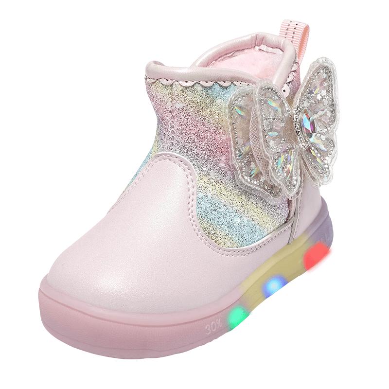 Belle Girls Rhinestone Butterfly LED Light-Up Snow Boots 23