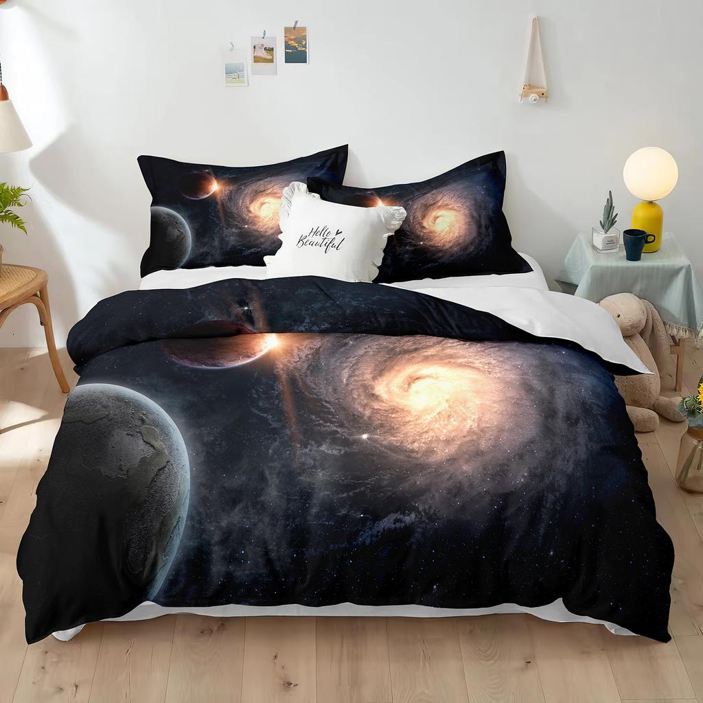 Set de husă de pilotă cu temă planeta uriașă 3D Mercury Galaxy Space Blue King Queen, dimensiune dublă, husă de cuvertură din poliester pentru copil, băiat, fată