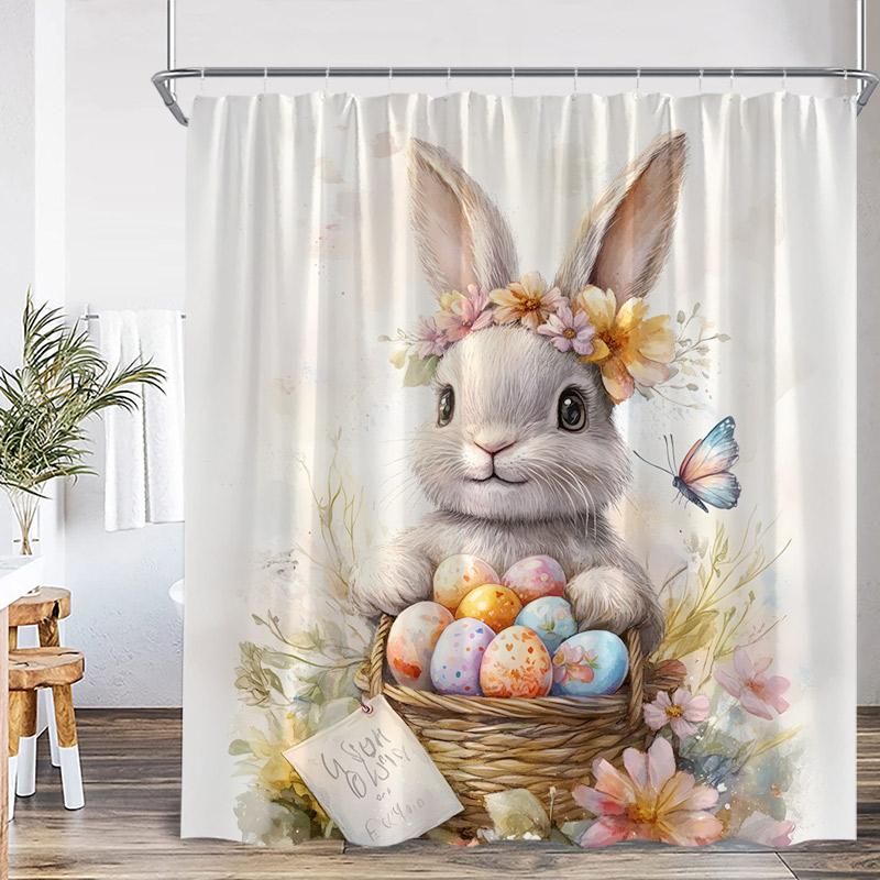 Easter Shower Curtains Watercolour Floral Leaves Butterfly Cute Rabbit Bath Curtain Fabric Home Bathroom Decoration With Hooks
