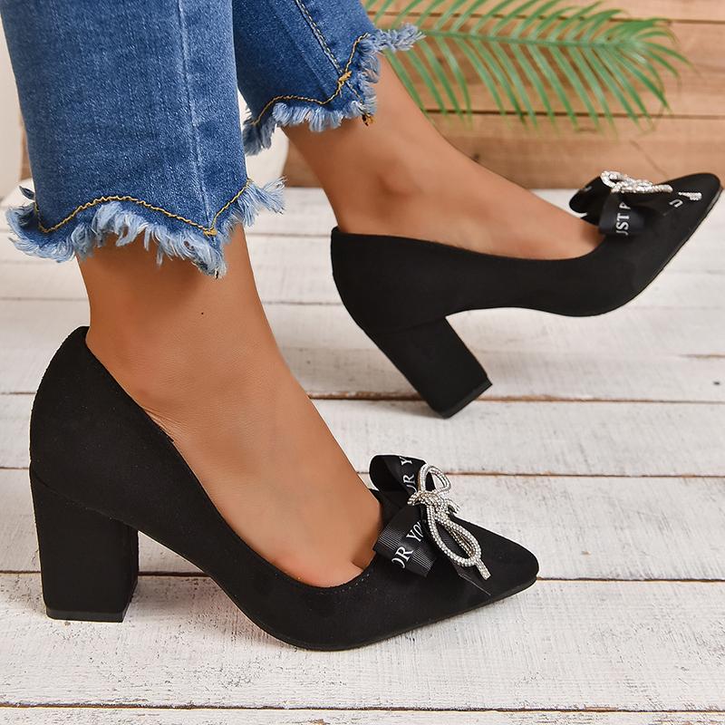 Fashion Aphixta Beige Crystal Bow With Letters 7cm Heels Pumps Women Students And Adults Pointed Toe Flock Suede Shoes Plus Size 30-50