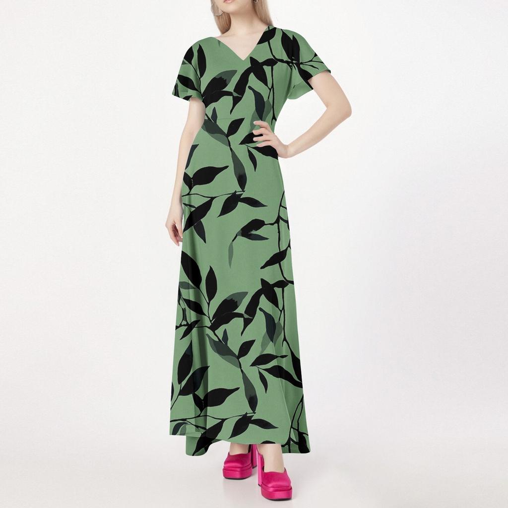 Lässiges Damenkleid mit V-Ausschnitt, kurzen Ärmeln und hoher Taille, Retro-Blumenblatt-Print