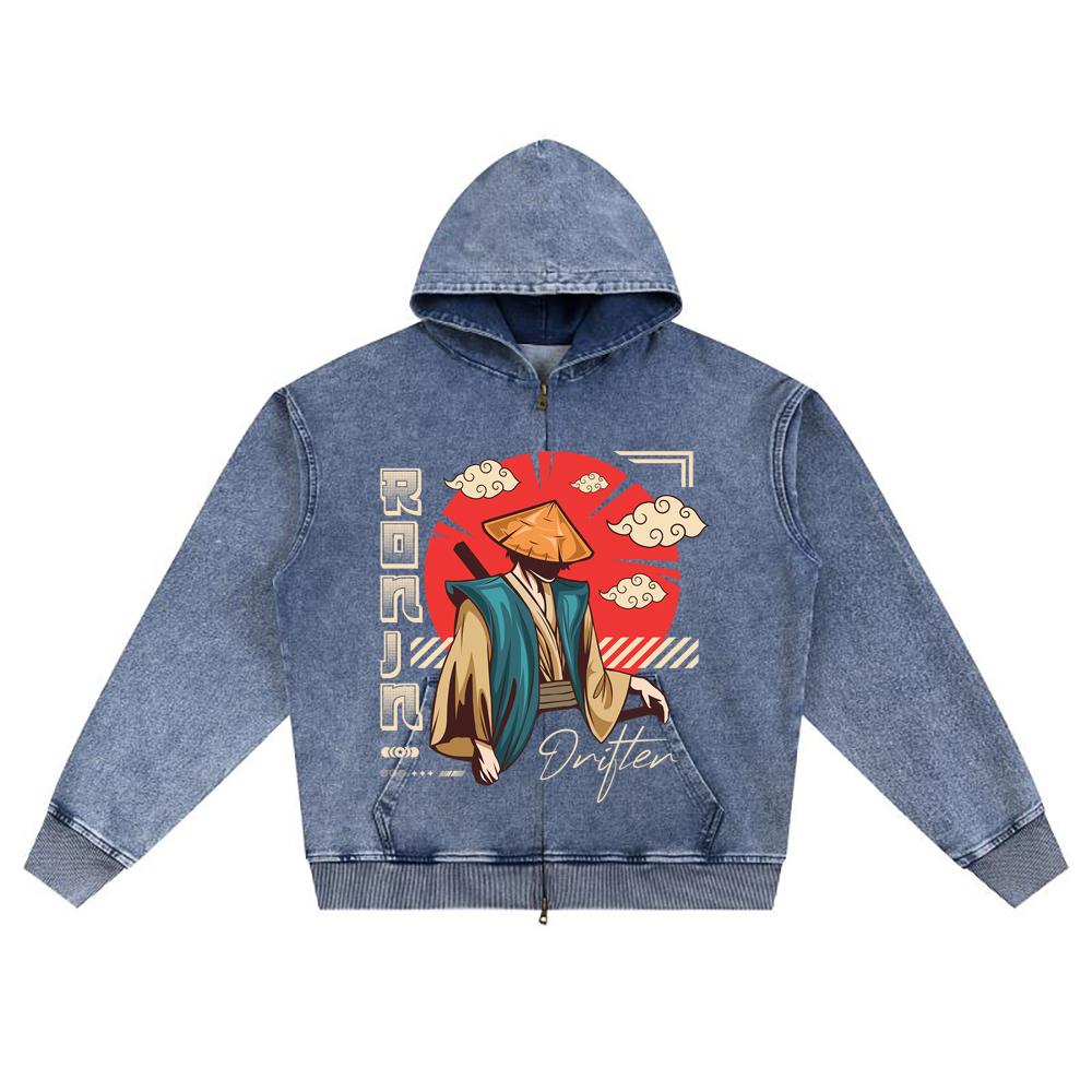DTG Print Knitted Denim Zip-Up Hoodie Japanese_streetwear 8 Brother Print Zipper Hoodies  