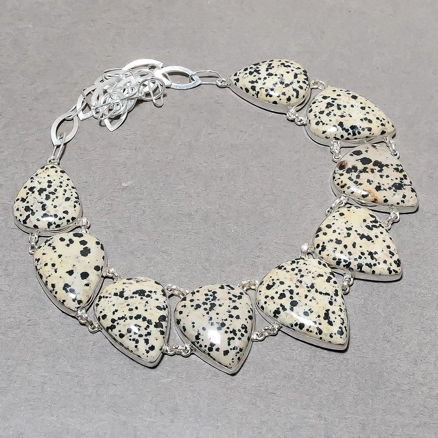 Natural Dalmatian Jasper Necklace 18" Adjustable Chain Silver Tone Pear Gemstone
