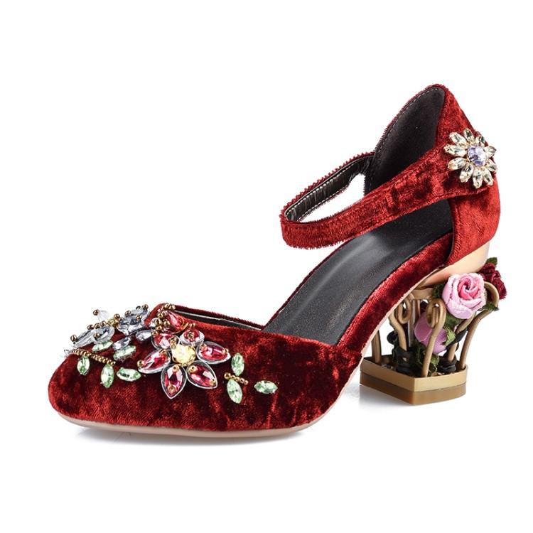 Fashion Summer Fashion Flower Pleuche Shoes Women Pumps Luxurious Cutouts Bird Cage High Heel Crystal Female Women Sandal Big Size 34-43