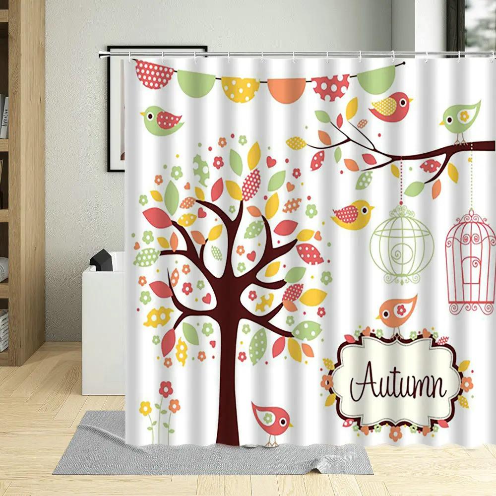 Autumn Tree Bicycle Fallen Leaves Scenery Shower Curtain Winter Forest Branch Leaf Watercolors Art Home Decor Bathroom Curtains