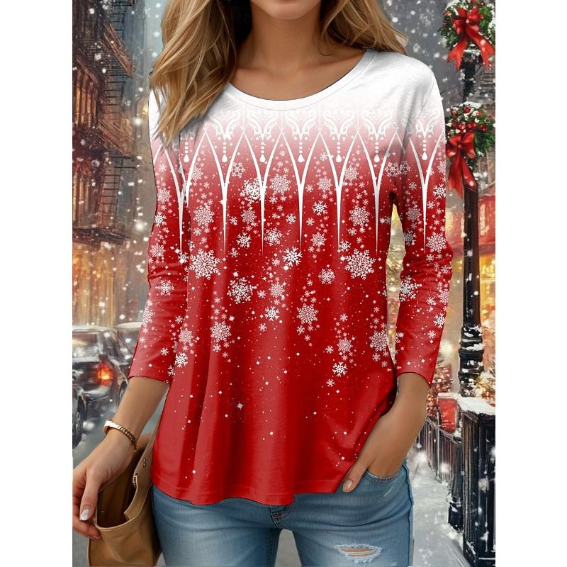 Weihnachten Damen T-Shirt Grafik Schneeflocke Vintage Mode Stilvoll Langarm Rundhals Normal Oberteile Täglich Wochenende Druck Rot Blau