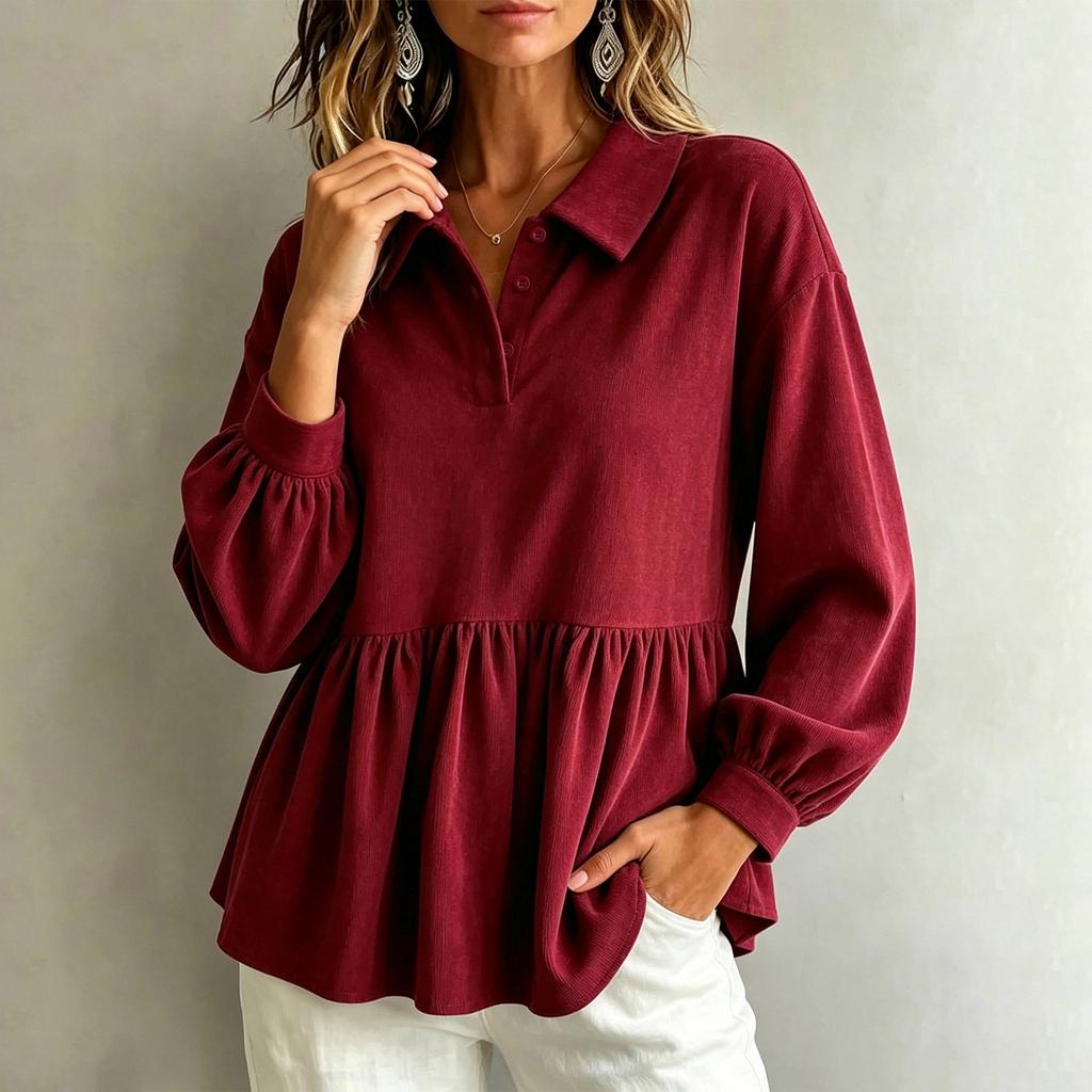 Women's Corduroy Babydoll Blouse with Sleeves and Waist Tie, Loose Fit Casual Shirt for Everyday Wear