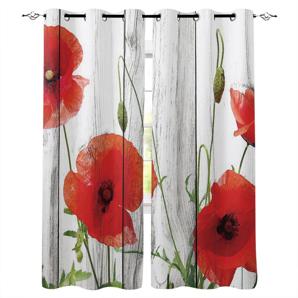 Red Flower Ink Painting Curtains 2 Panels With Valance Hook Floral Living Room Kids Kitchen Indoor Decor