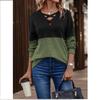 Women's Spring and Autumn V-neck Cross-contrast Stitching Raglan Sleeve Casual T-shirt Top