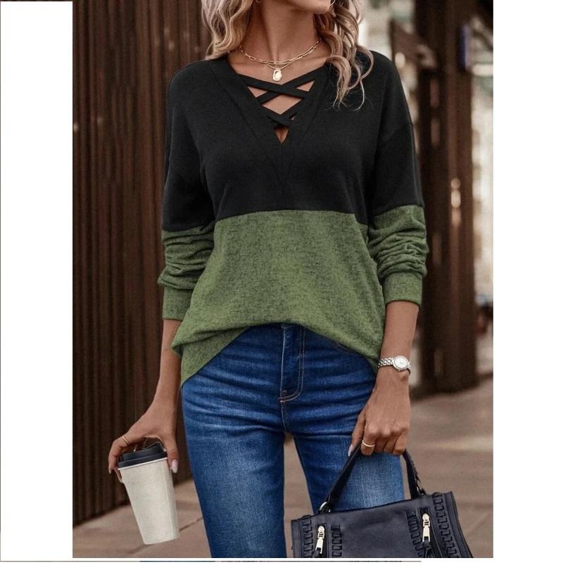 Women's Spring and Autumn V-neck Cross-contrast Stitching Raglan Sleeve Casual T-shirt Top