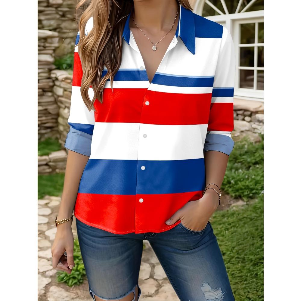 The New Women's Long-sleeved Shirt Is a Flag Pattern Composed of Blue, White and Red Horizontal Stripes