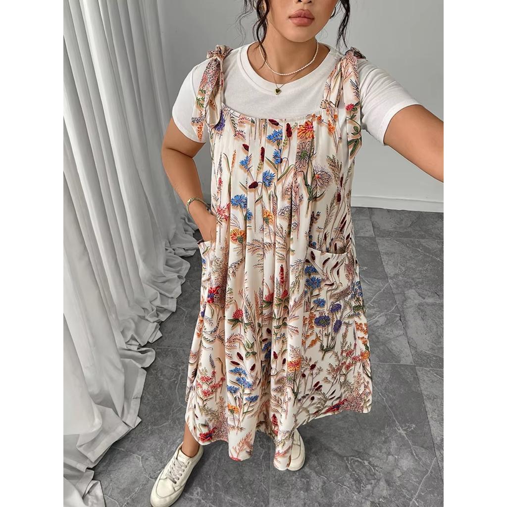 Plus Size Solid Tie Shoulder Overalls Dress For Women  Summer Casual Loose Sleeveless Maxi Long Dresses with Pockets