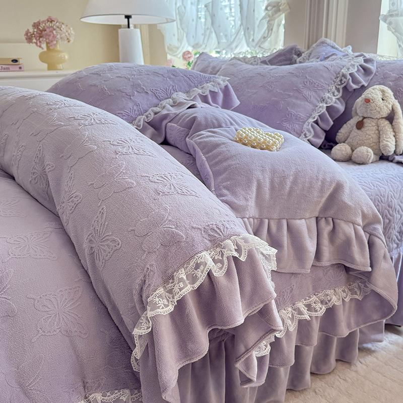 French Bed Cover Lace Thickened Milk Fleece Four-Piece Double-Sided Baby Fleece 1.8