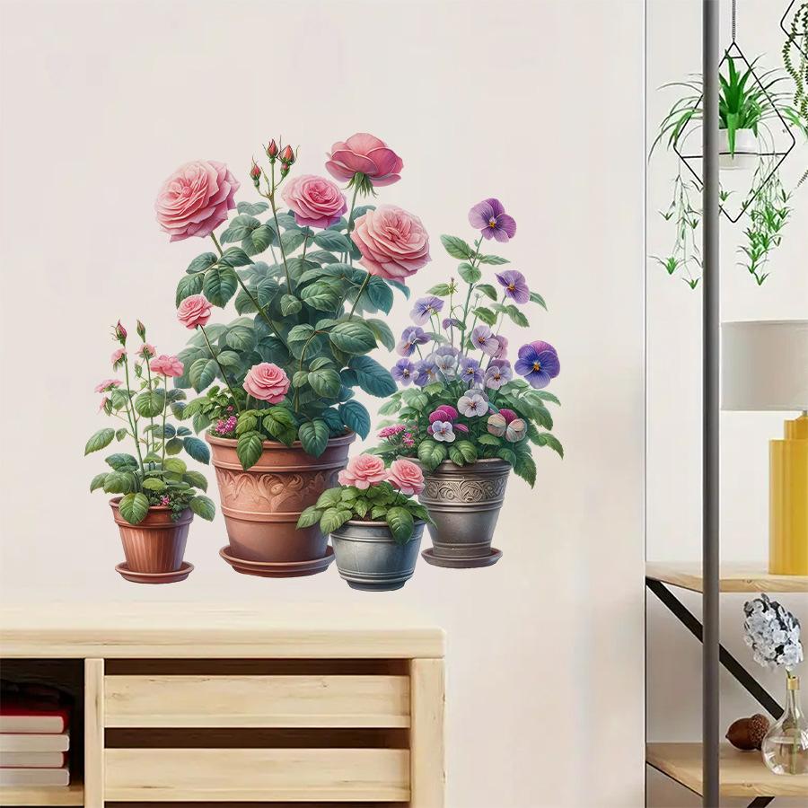 Fresh Realistic Potted Rose and Morning Glory Wall Stickers, Self-Adhesive Decor for Bedroom Balcony Laundry Room Decoration