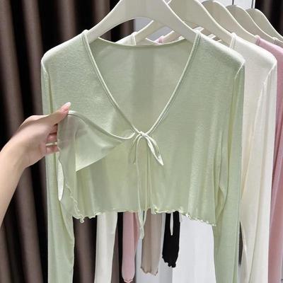 Top de Malha Leve com Mangas Longas e Amarração Frontal Transparente para Primavera Verão, Peça para Cobrir Cropped