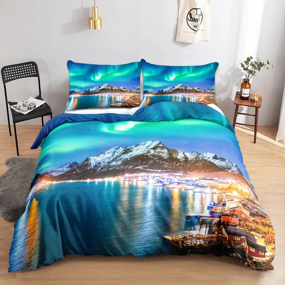 Antarktis Aurora King Queen Bettbezug Bunter Himmel Polarlichter Bettwäscheset Smoky Mountain Forest Weicher 2/3-teiliger Bettbezug