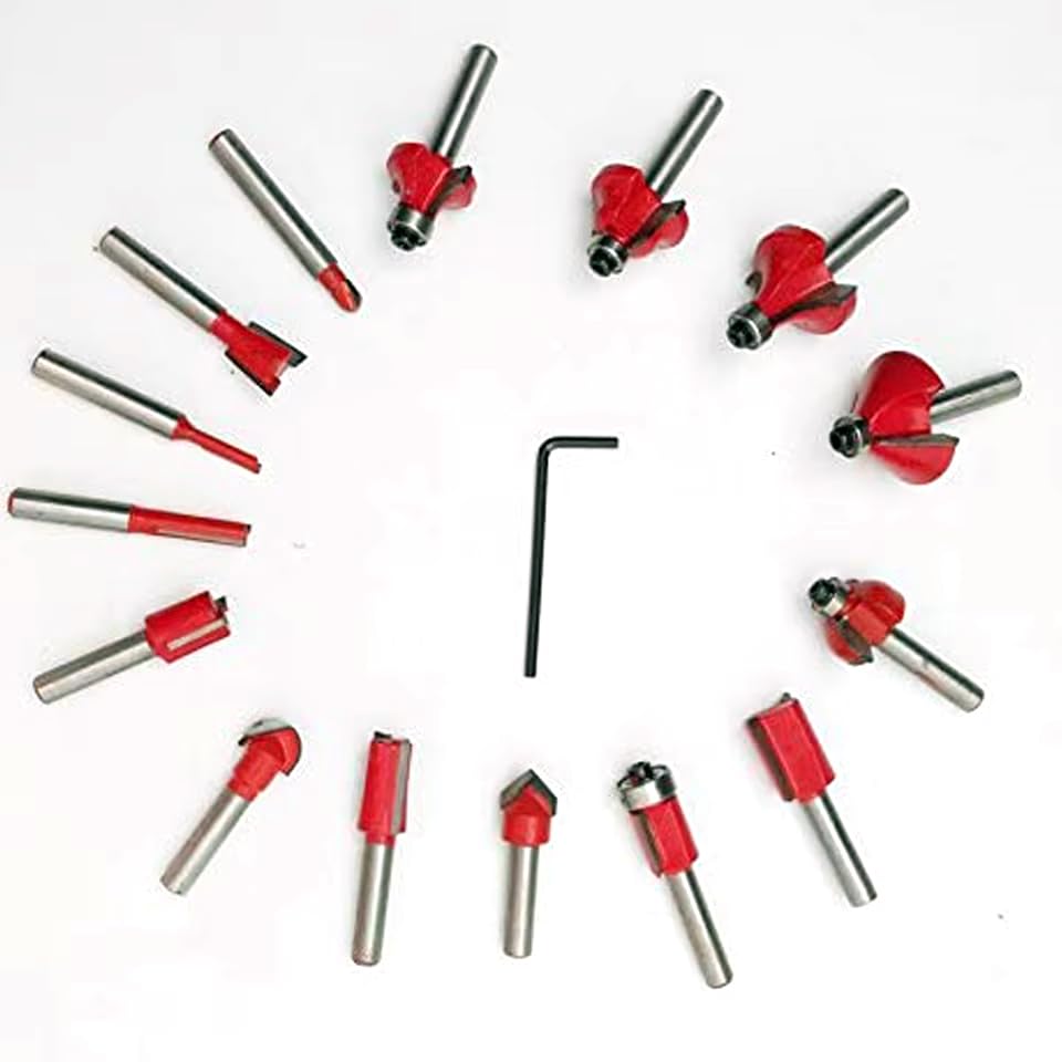zmart Tungsten Carbide Router Bit Set of 15, 6.35mm Shank, Wood Case, Milling Cutter, Carbide
