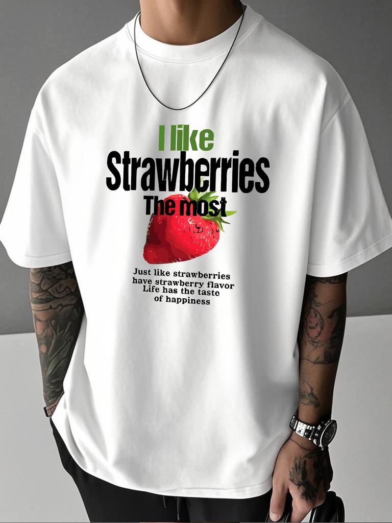 Unisex Summer White Short Sleeve Tee I Like Strawberries Text Fruit Graphic Print Crew Neck Loose Daily Casual Male Fashion Tops