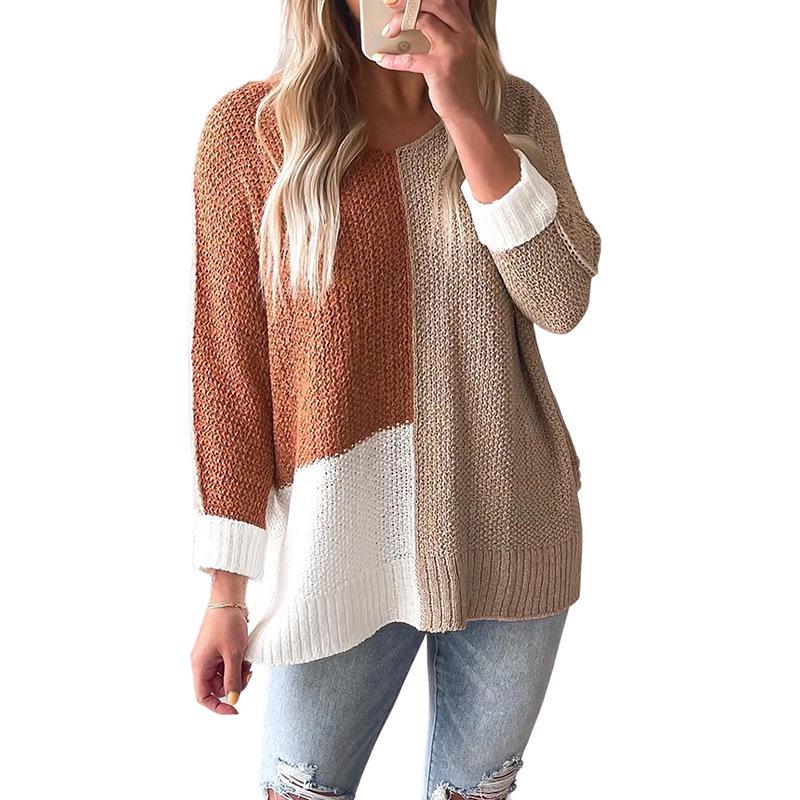 Women's Loose Casual V-neck Knit Sweater with Slit Sleeves - European & American Style