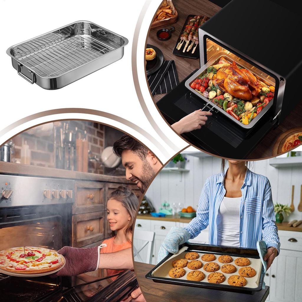 Stainless Steel Roasting Pan with Rack Oven Roaster Turkey Pan for Chicken Turkey Ham Beef Holiday Dinner Party Home Cooking