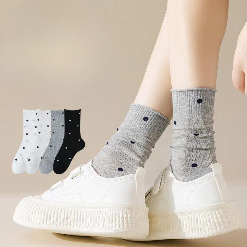 Women's Summer Thin Polka Dot Mesh Breathable Curled Mid Tube Stack Cotton Socks