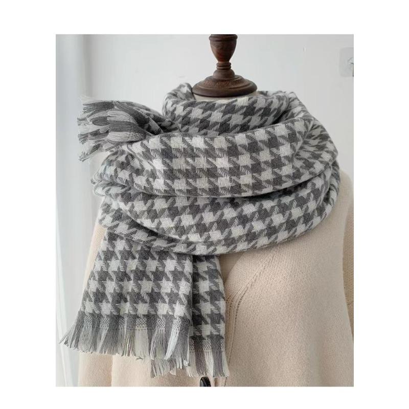 Versatile Thousand Birds Scarf Imitation Cashmere Scarf Autumn and Winter Women's Premium Sense Warm Tassel Plaid Shawl Light Luxury