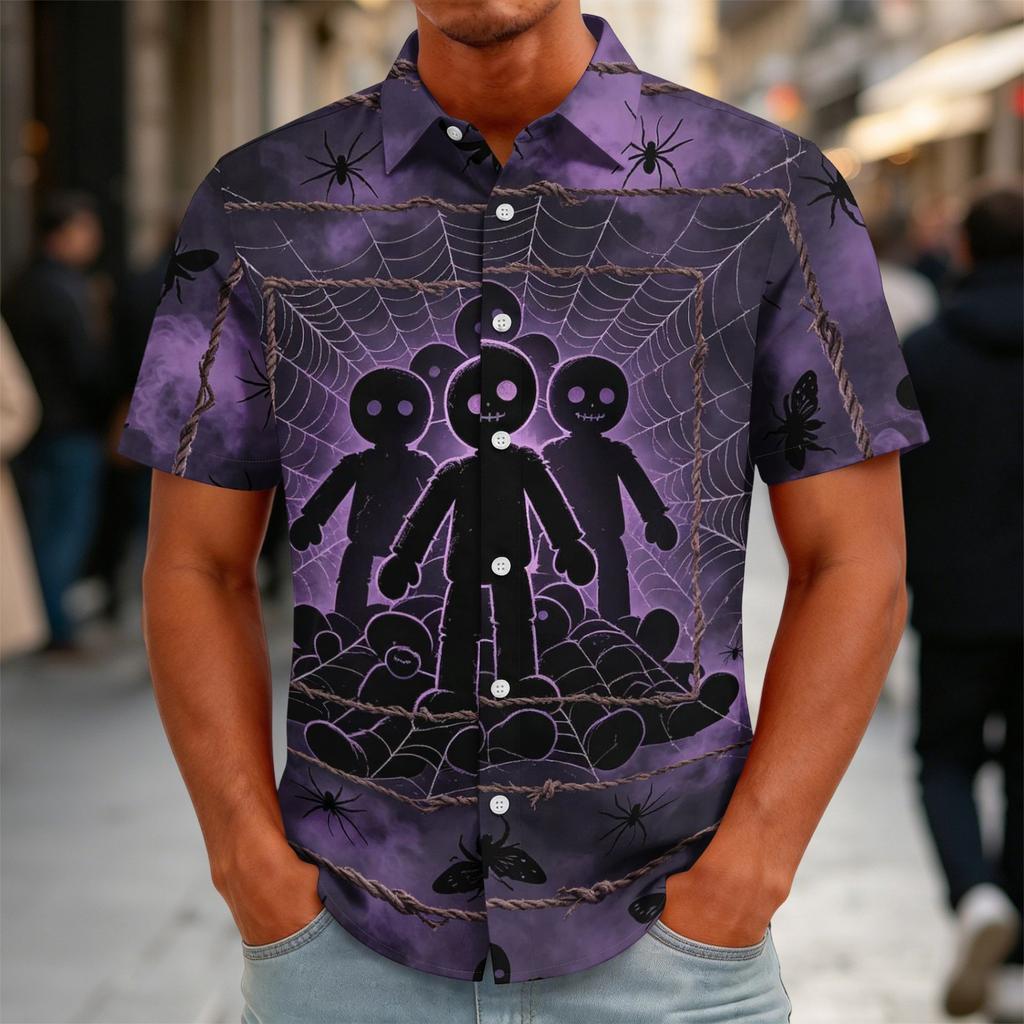Men's Halloween Print Vintage Button Down Cardigan Shirt - Loose Fit Breathable Summer Casual Streetwear Top