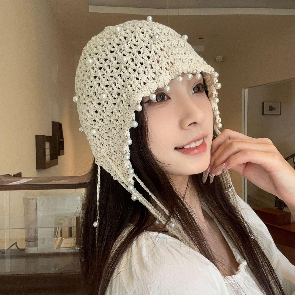 Summer Ethnic Style Knitted Hat with Hollow Pearl Tassel Pendant - Retro Face-Showing Design for Women