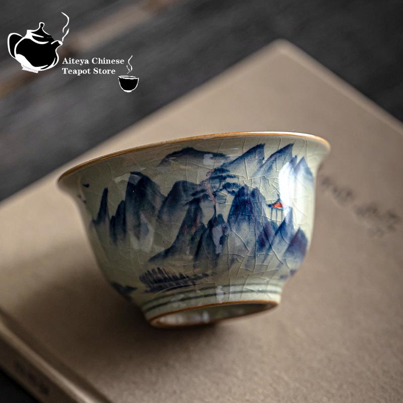 Vintage Hand-Painted Tea Making Cup, Old Pottery, Clay Ru Kiln, Kung Fu Tea Making Cup, Single Cup, Blue and White Tea Brewing C