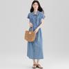 Retro Temperament Strap Waist Denim Dress Women's Summer Beautiful Short-sleeved Skirt