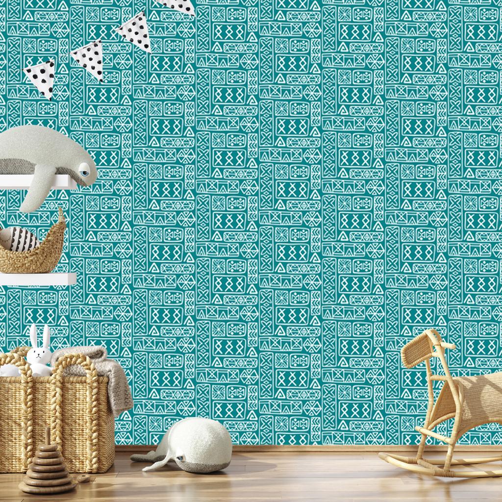 Polynesian Geometric Pattern Turquoise Wallpaper 50x1000