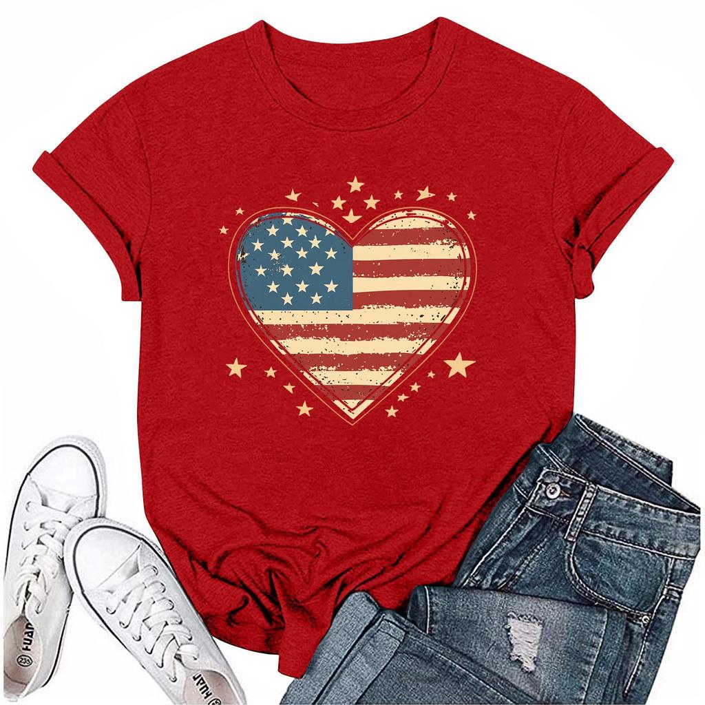 Damska Codzienna Okrągły Dekolt T-shirt z Nadrukiem na Dzień Niepodległości Krótki Rękaw Top z Literami