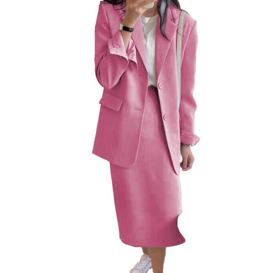 2Pcs/Set Women Suit Set Lapel Long Sleeve Flap Pockets Suit Coat High Waist Midi Skirt Set Solid Color Office Lady Suit Workwear
