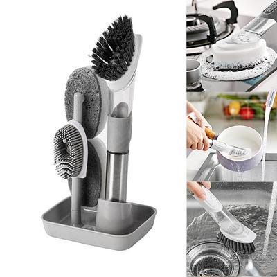 Kitchen Gadgets Automatic Liquid Dispenser Long Handle Dishwashing Brush Kitchen Cleaning Brush Removable Sponge Brush 3 In 1