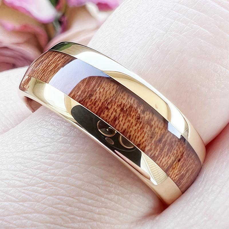 Men's 8mm Gold Wood Grain Stainless Steel Ring with Redwood Inlay - Comfortable Fit 