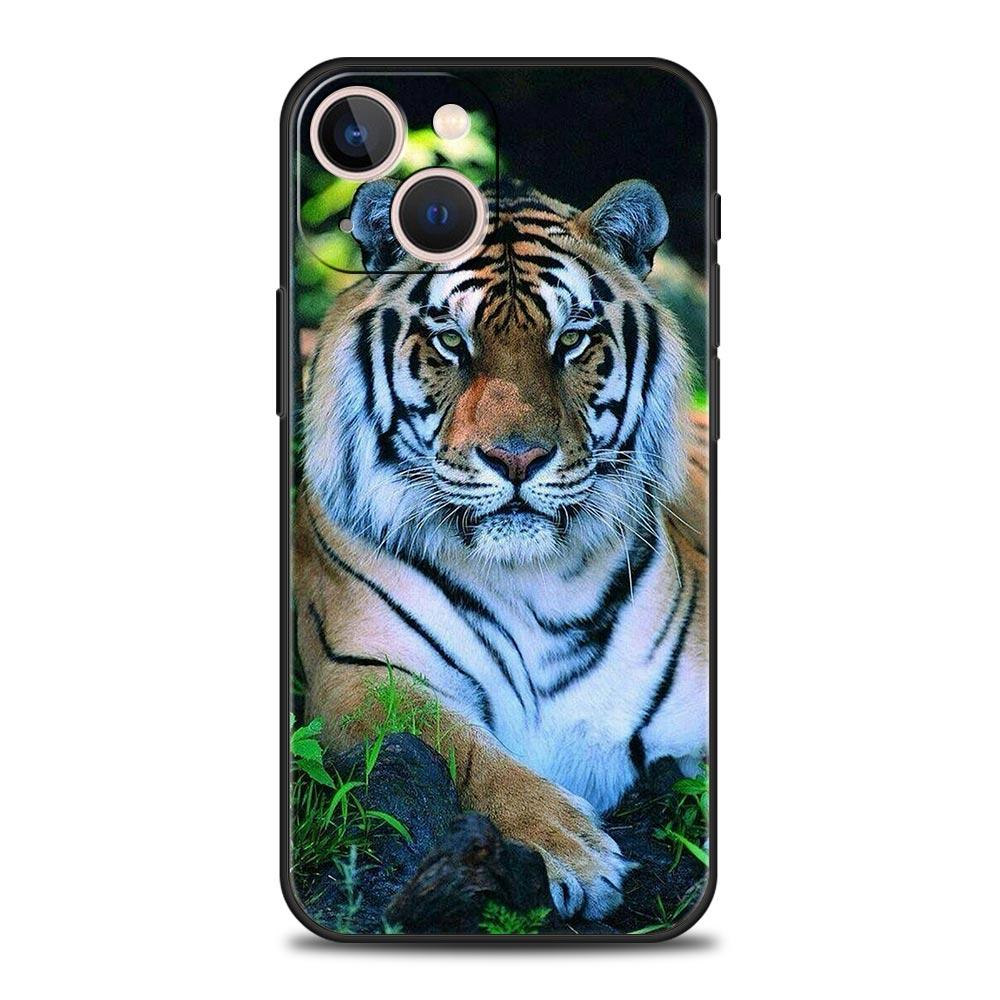 Tiger Lion Leopard Luxury Phone Case For iPhone 13 15 14 12 11 Pro MAX XR X SE XS 7 8 Plus Silicone Black Protection Cover