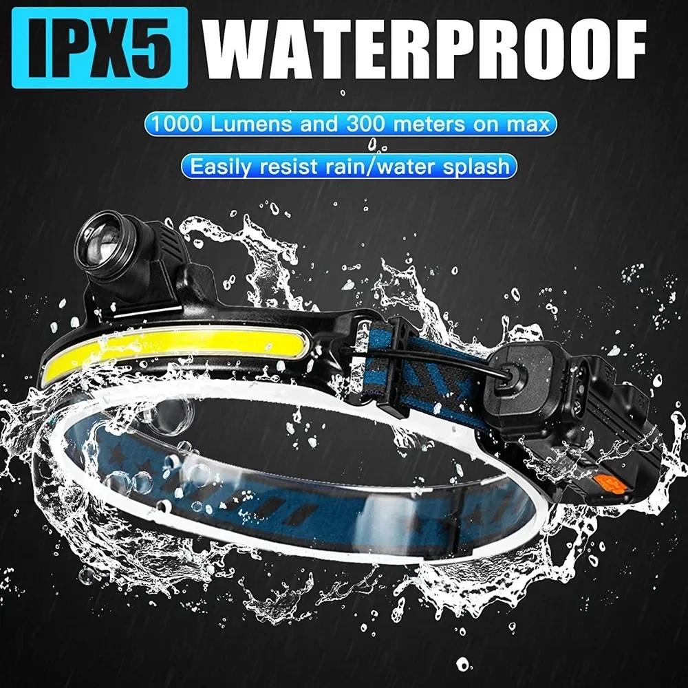 20000 Lumens Induction XPG+COB Headlamp Rechargeable Head Zoom Torch with 6 Modes Outdoor Work Headlight for Running Camping
