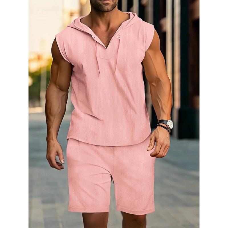 Men's New Summer Casual Hooded Outfit, Comfortable and Fashionable Men's Beach Set, Solid-color Casual Two-piece Set