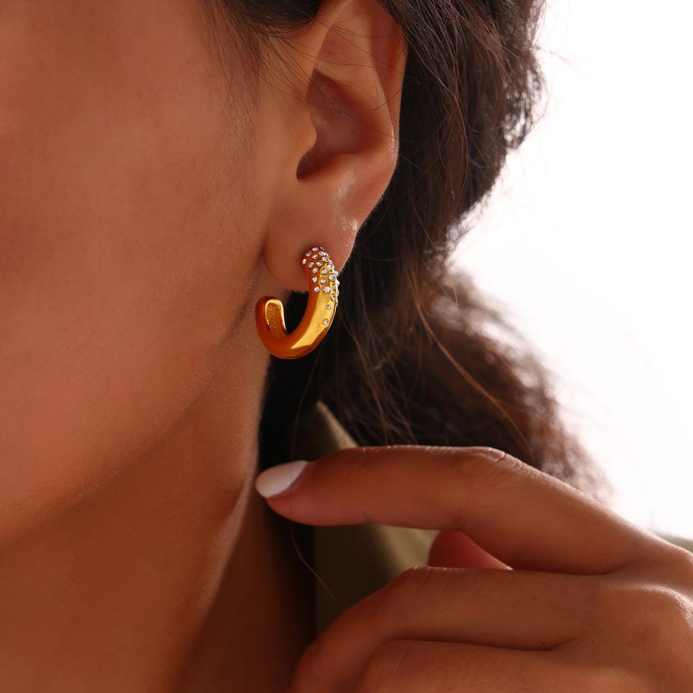 C-Shaped Glossy Diamond-Encrusted Earrings, Personalized Versatile Design Sense, Titanium Steel Gold-Plated Stud Earrings, Earrings, Women