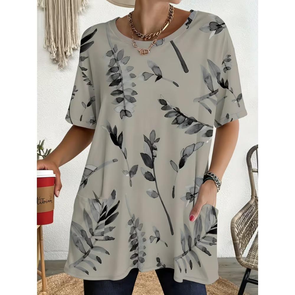 Women's Summer Short Sleeved T-shirt, 3D Printed Pocket T-shirt, Casual Plus Size T-shirt