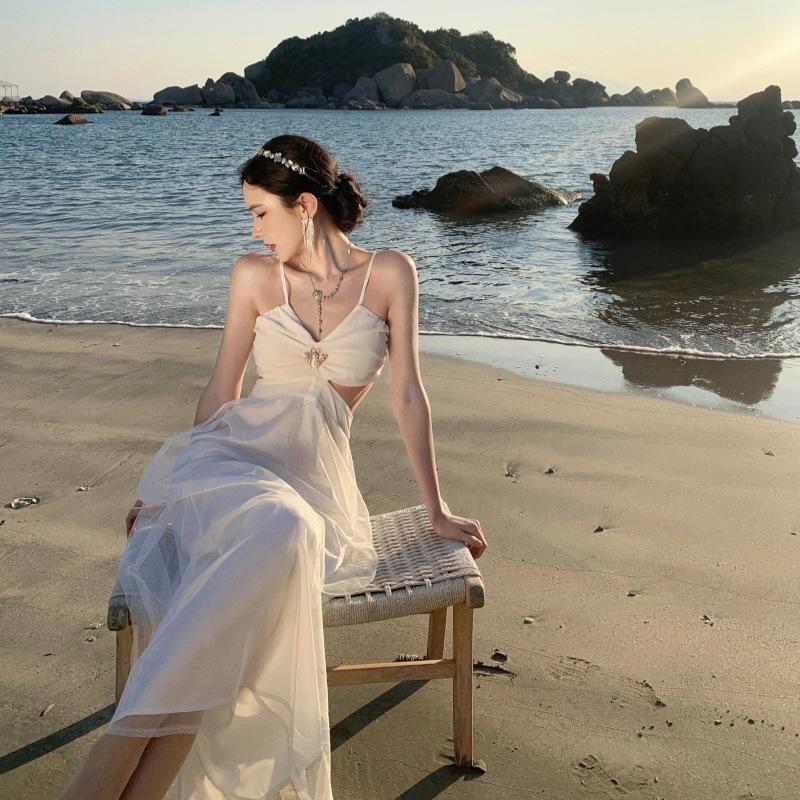 French Sexy Pure Desire Wind Mesh Fairy Gas Hollow Suspender Gauze Skirt High-end Temperament Dress White Chiffon Other
