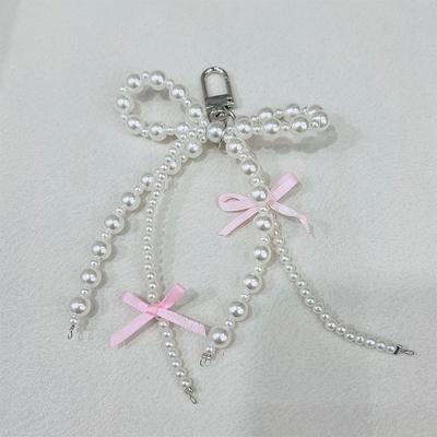 Korean Sweet Beaded Pearl Bowknot Ribbon Keychain Keyring Y2K Aesthetic Key Chain Holder For Girl Bag Pendant Accessories