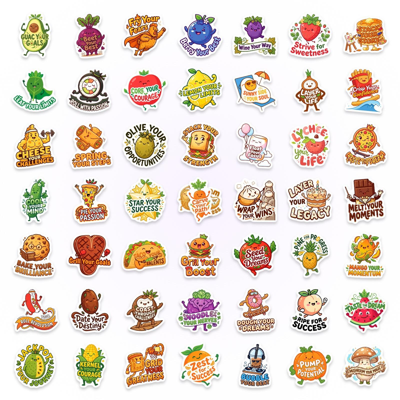 50 Cartoon Food Fun Quotes Stickers, Food Puns, Inspirational Hand Account Stickers