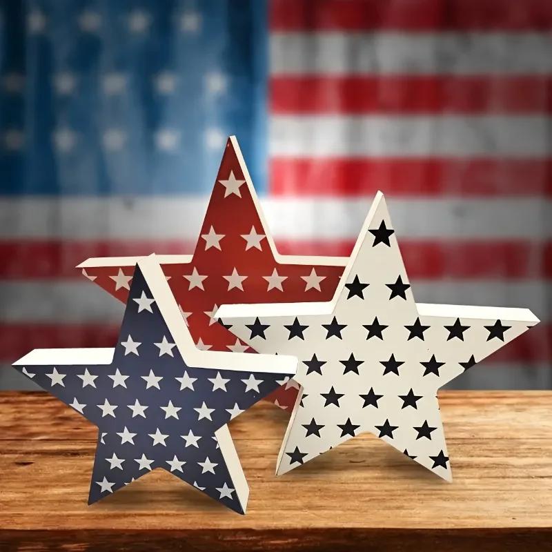 3Pcs/set Patriotic Wooden Star Decor Home Decor Tabletop Ornament Party Table Decor American Flag Design Laser Cut Decorations
