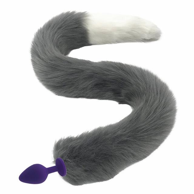 80Cm Long Grey White Fox Tail Cosplay Anal Butt Plug  Pet Play Butt Plug Tails