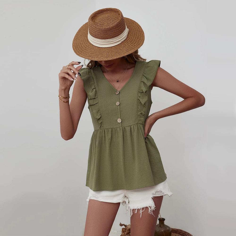 Women's Loose Casual Ruffle V-Neck Sleeveless Lady Shirt Vest Top