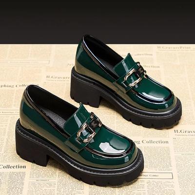 Nieuwe Lente- en Herfstmode Britse Stijl Dames Dikke Zool Hoge Hakken Metalen Decoratieve Enkelschoenen